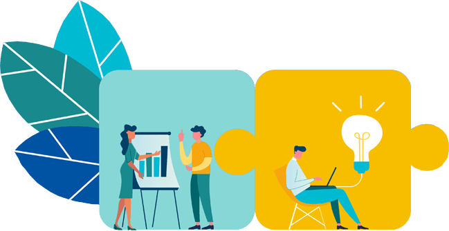 Business Guides - puzzle pieces together, one with two people going over a chart, and one with a person on a laptop brainstorming